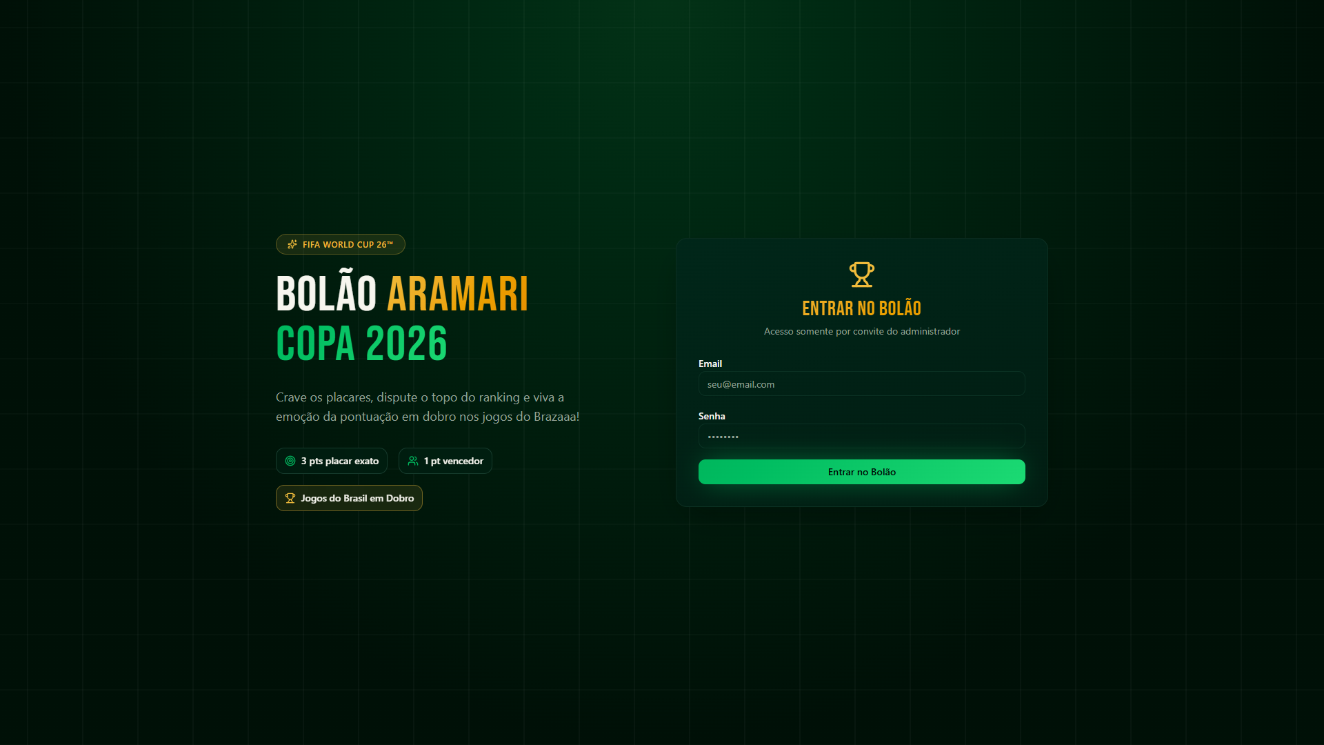 Tela inicial do Bolão Aramari Copa 2026, com regras de pontuação e formulário de acesso