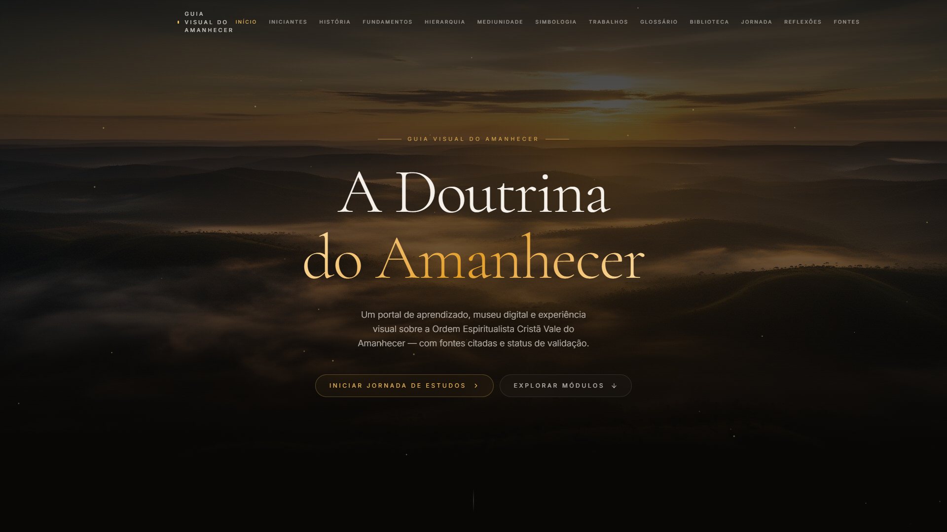 Página inicial do portal A Doutrina do Amanhecer, com chamada para iniciar a jornada de estudos